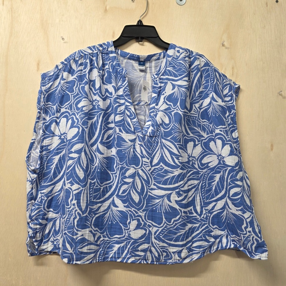 Old Navy Women 2X Blue White Floral Cotton Gauze V-Neck Top Short Sleeve 886146
